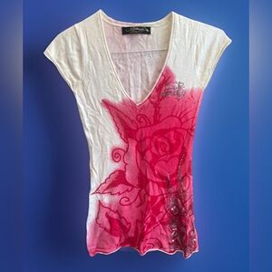 Ed Hardy Women's White and Pink V-Neck Tee Mini Dress